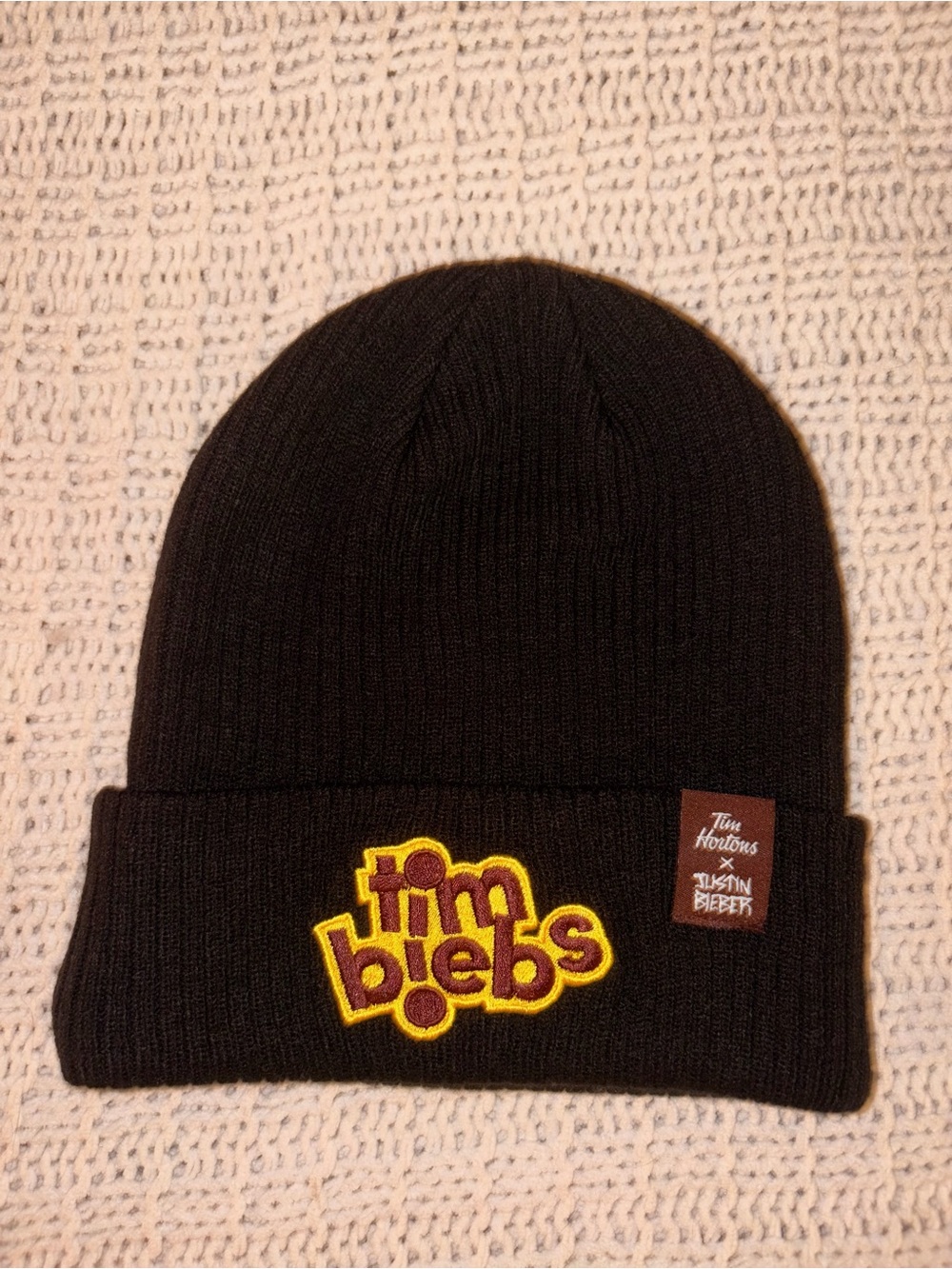 Black Knit Beanie with Tim Blebs Patch by Tim Hortons x Justin Bieber